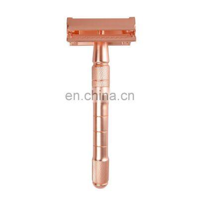 Butterfly Safety Razor Rose Gold Barber Private Logo Reusable Brass Grooved Metal Classic Double Edge Safety Razor Twin Blade