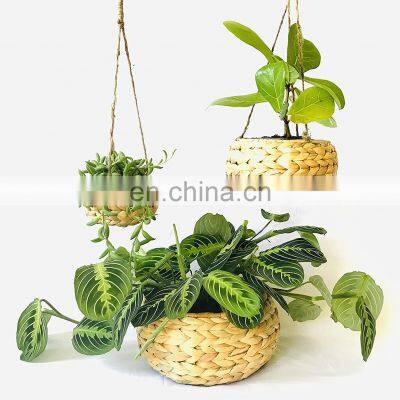 Hot Sale Set of 3 Handmade Hanging Planter with Lining Modern Boho Water Hyacinth Cover for Flower Pot