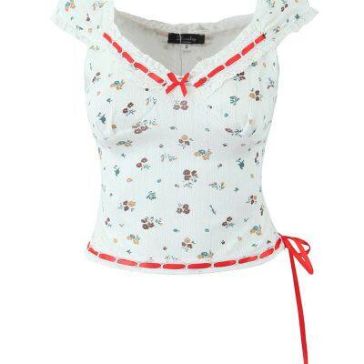 2025 summer new French small fresh and cute lace stitching bow knitted T-shirt top wholesale