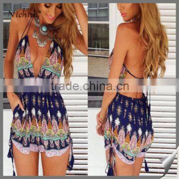 Sexy printed high quality backless summer beach jumspuit for women 2016