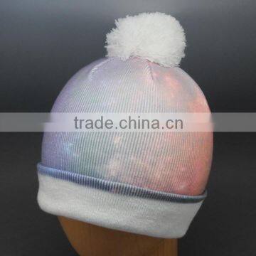 2015 FASHION SUBLIMATION PRINTING BEANIE HAT WITH TOP POMPOM