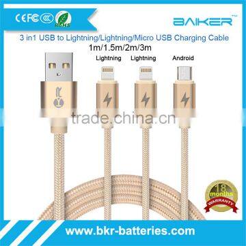 Factory wholesale 2A 3 in 1 charging cable USB AF to Micro usb and 2 lighting