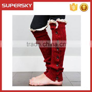 C01-4 Hot Sale Red White Ruffles Lace Knitted Leg Warmers With Buttons for Girls