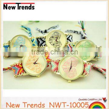 Women heart chain bracelet watch fashion colorful cotton cord heart wrist watch