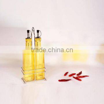 great 3pcs yellow glass oil and vinegar bottle with rack