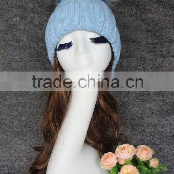 Fashion classic winter warm knitted baby blue beanie hat with fur pompom