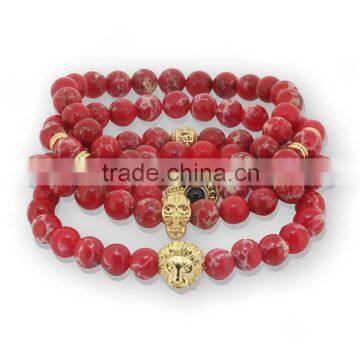 KJL-ST0022 24k real gold plated skull head women bracelet natural red agate round stone 8mm bead men bracelet