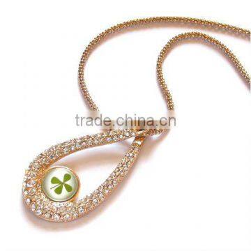 Raindrop style Four Leaf Clover Good Luck Necklaces with lon chain