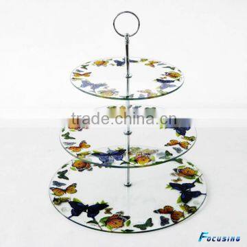 3 tier Glass Cake Plate Stand with custom butterfly pattern