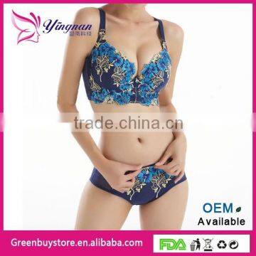 2015 New Style 3-Breasted Push Up Bra Flower Lace Side Sexy Women Underwear Bra Set