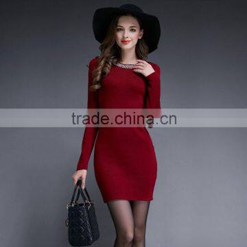 2016 Autumn Woman Solid Knitting Pencil Dress Long Sleeve Warm Female OL Slim Robe Vestidos