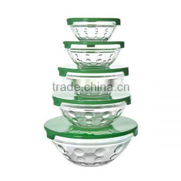 High Quality Set Of 5 Pcs Food Container Embossed Salad Glass Bowl With Lids