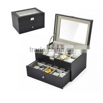 High Quality 20 Slot PU Leather Display Box For Watch, High Capacity Carbon Fiber Stripe Package Box For Watch