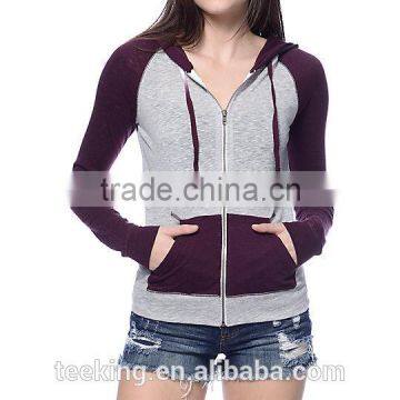 light weight raglan sleeve zip up women hoodie