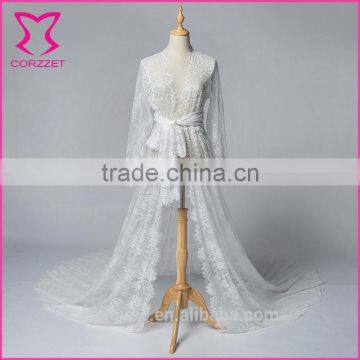 R02: Corzzet OEM Products White Chiffons Lace Long Sleeves Applique Long Robe