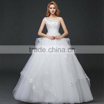 Floral Lace Trim Hem One Shoulder Crystals Pearl Ball Gown Appliques Lace Tulle Customize Wedding Dresses photo-5