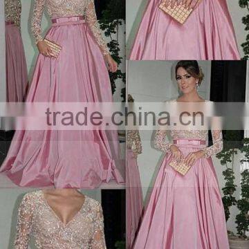 2016 Prom Dresses V Neck Full Sleeves A Line Taffeta With Beading Floor-Length photo-2