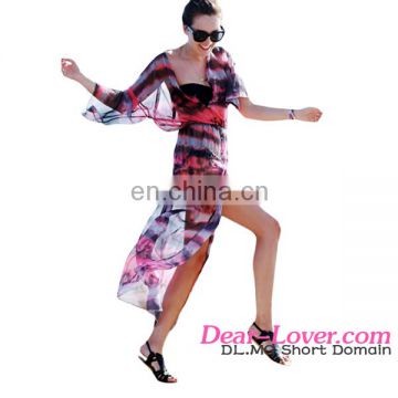 Buttons and Slit Front Open Tie-dye Print Chiffon Beachwear Dresses Women