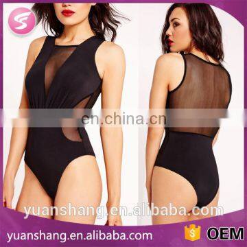 2016 Sexy Women Mesh Panelled Plunge Black Bodysuit Wholesale