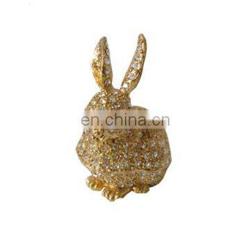 Golden rabbit with full rhinestone on body jeweled enamel trinket box