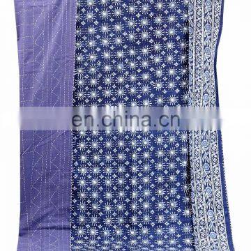 Indian Indigo Blue Abstract Design Kantha Quilt Handmade Bedspread Throw Cotton Queen Size Blanket Patchwork Print photo-5
