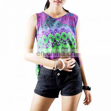 NAPAT Woman Crop Top Sleeveless Summer Flower Printed Rayon Shirt