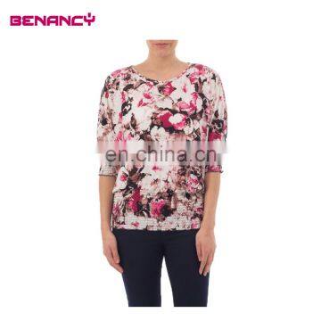 Middle Women Floral Print Blouse Summer Tops With Shirred Hem