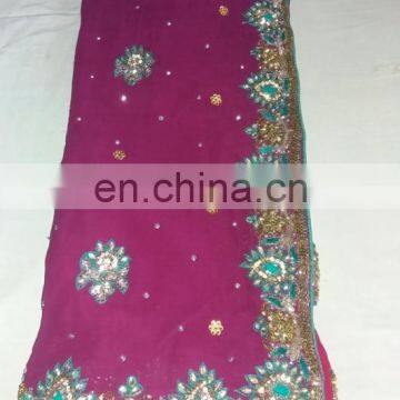 Ethnic Bridal Mahroom Handmade Havey Stone Work Georgette Saree Sari