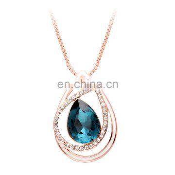 New Wholesale Jewelry Blue Drop Shape Crystal Rhinestone Rose Gold Pendant Zipper Chain Necklace For Grils