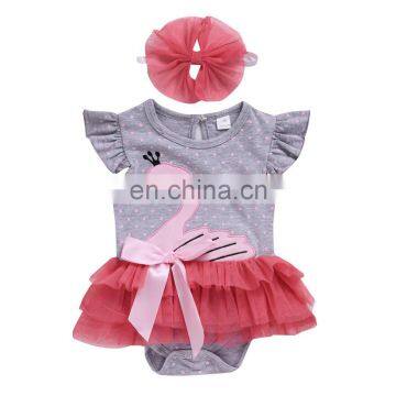 Wholesale Pink swan pattern romper matching headband Soft Baby Girl Romper