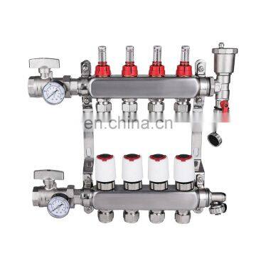 4-Branch PEX Stainless steel radiant underfloor heating flow meter manifold for 1/2" PEX