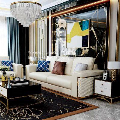 Postmodern single double three people Microfiber leather sofa contracted neoclassical model room Hong Kong style light luxury gilded living room furniture