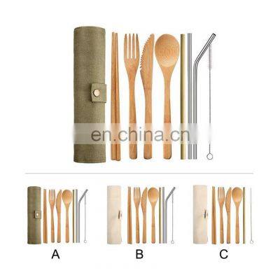 Wooden Teak Wood Flatware Cutlery Set Bamboo Wooden Flatware Straw Dinnerware Set With Cloth Bag Knives Fork Spoon Dishes Travel photo-3