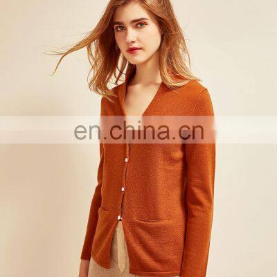 Women Solid Color V Neck Cashmere Cardiagn Sweater With Button photo-4