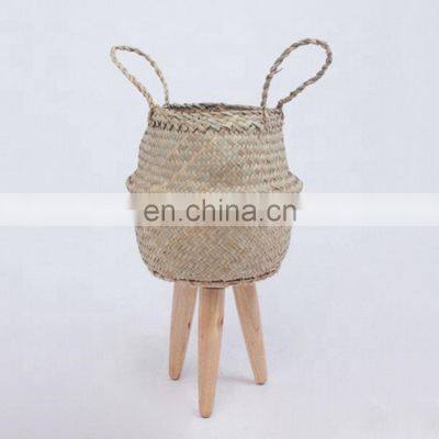 Seagrass Belly Basket With Wooden Leg Customized Pattern Plant Holder Storage Basket Decor Home