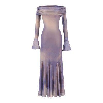Early Spring New Design: European-American Contrasting Color Print Frill-Edge One-Sided Shoulder Flared Long-Sleeved Fish-Tail Dress