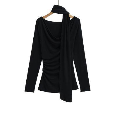 Pure Desire Style Loose Collar Hanging Neck Streamer Long-sleeved T-shirt Spring Design Pleated Slim Body Hot Girl Bottom Shirt Women photo-2