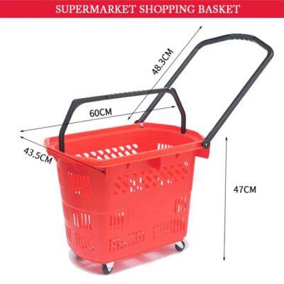 plastic supermarket shopping basket with telescopic handle with wheels plastic crate