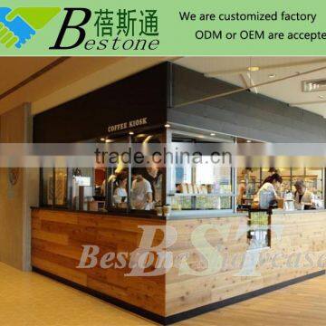 simple wooden coffee shop furniture for decoration, coffee kiosk with ceiling