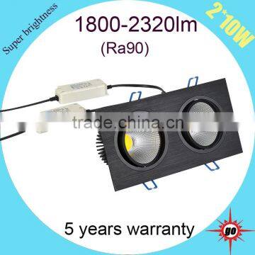 High brightness 2*10w square led cob downlight 230v black dimmable downlight