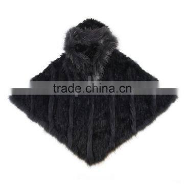 QD0807 Woman Knitted Rabbit Fur Poncho With Raccoon Fur Trim and Bigger Hood photo-4