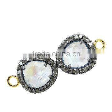 oval pave setting rainbow moonstone charm connector with Silver base faceted charm supplier gemstone charm jewelry accessories