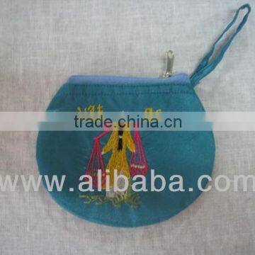 Hand embroidery round purse sea blue