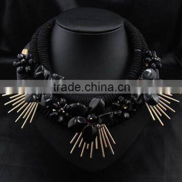 Black statement Fashion braided multi layered chain neckalce black resin flower alloy gold bars charm necklace