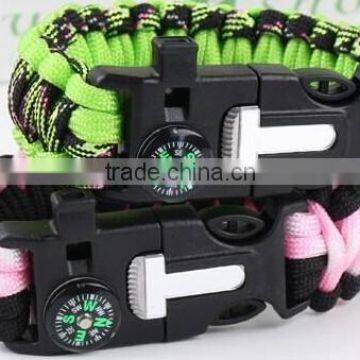 2016 wholesale custom color outdoor military survival 550 paracord bracelet with fire starter compass whistle