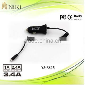 3.4A fast car battery charger for mobile phone with fixed micro-USB cable