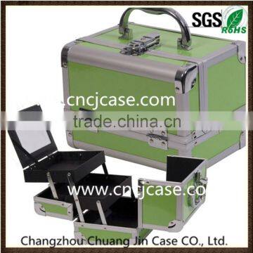 light color useful carrying combination green aluminum makeup case with trays