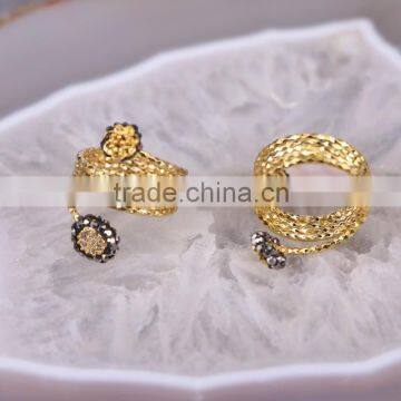 Fashion Flower Design Fashion Druzy Ring, Gold Plated Metal Ring, Pave Setting Crystal Jewelry Finger Gem Natural Stone Ring