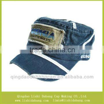 100% cotton denim flat top cap military hat with fashion applique