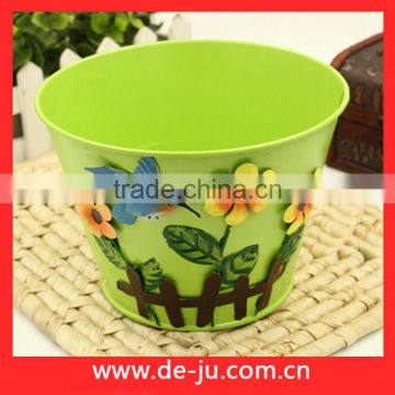 Green Printing With Flowers Round Small Metal Planter